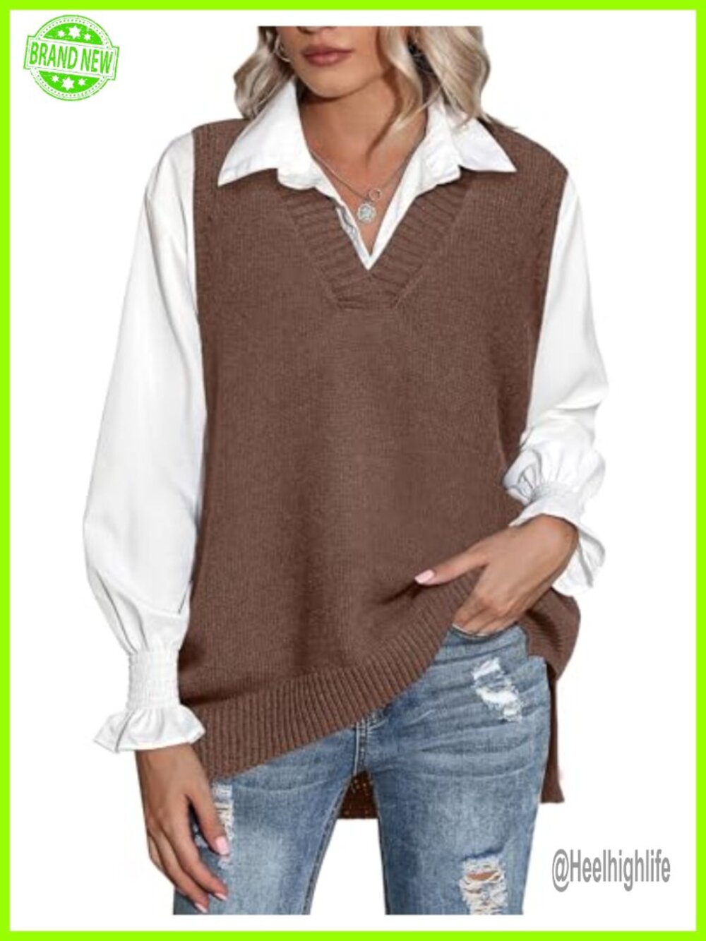 Sleeveless Knit Sweater Vest V Neck Oversized Pullover High Low Hem